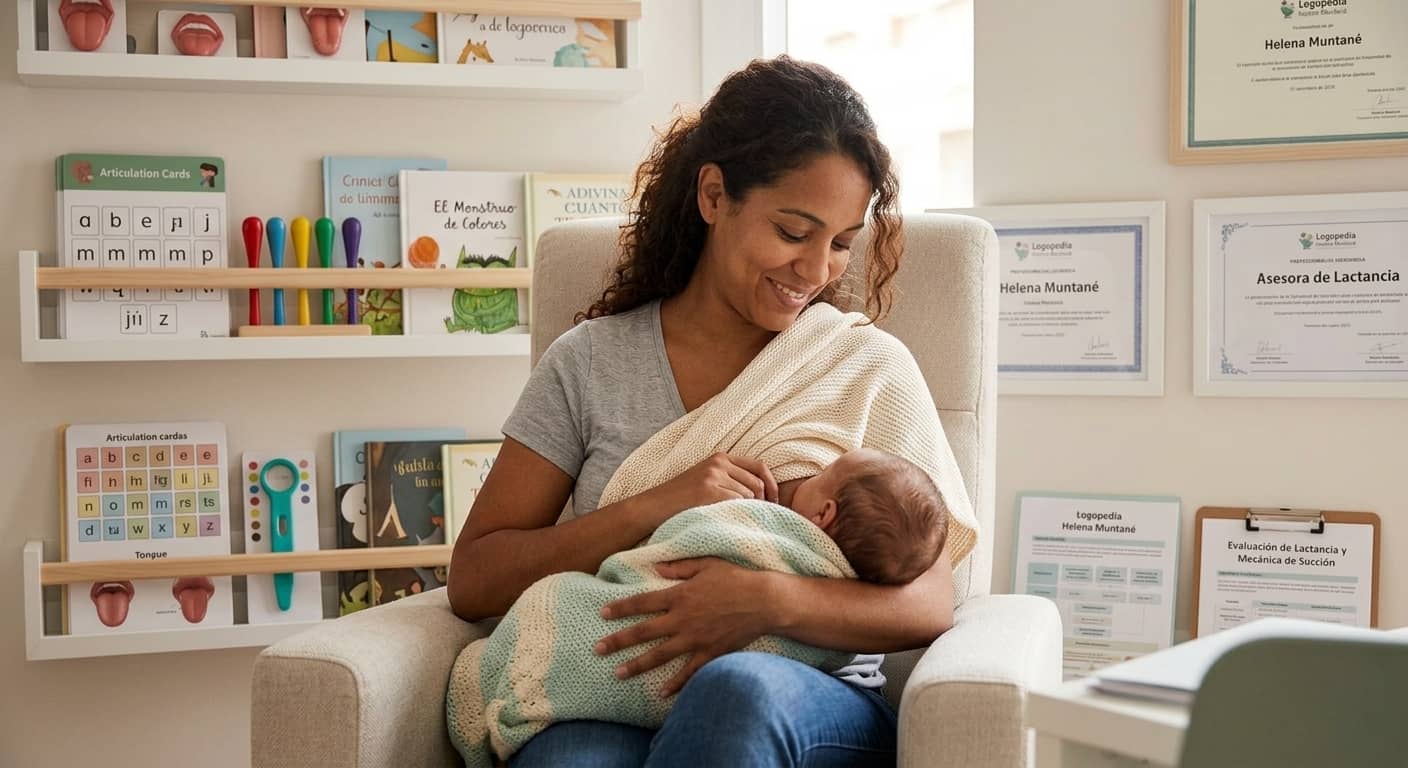 Una mujer sonríe mientras amamanta a su bebé, cubriéndose con una manta de punto, sentada en un sillón. Al fondo, un consultorio con estanterías de libros infantiles, tarjetas de articulación y certificados en la pared a nombre de Helena Muntané, identificándola como 'Asesora de Lactancia' y 'Logopeda'