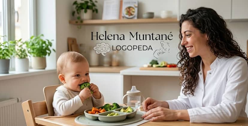 Logopeda Helena Muntané acompañando a un bebé en su alimentación complementaria segura y saludable con verduras.