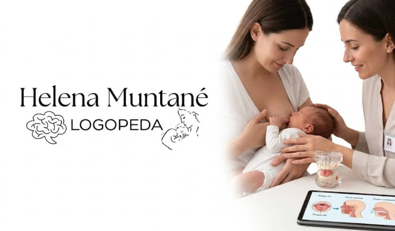 Una logopeda asesora a una madre durante la lactancia materna, mostrando diagramas anatómicos de succión y deglución en una tableta sobre un fondo blanco limpio con el logotipo de Helena Muntané Logopeda