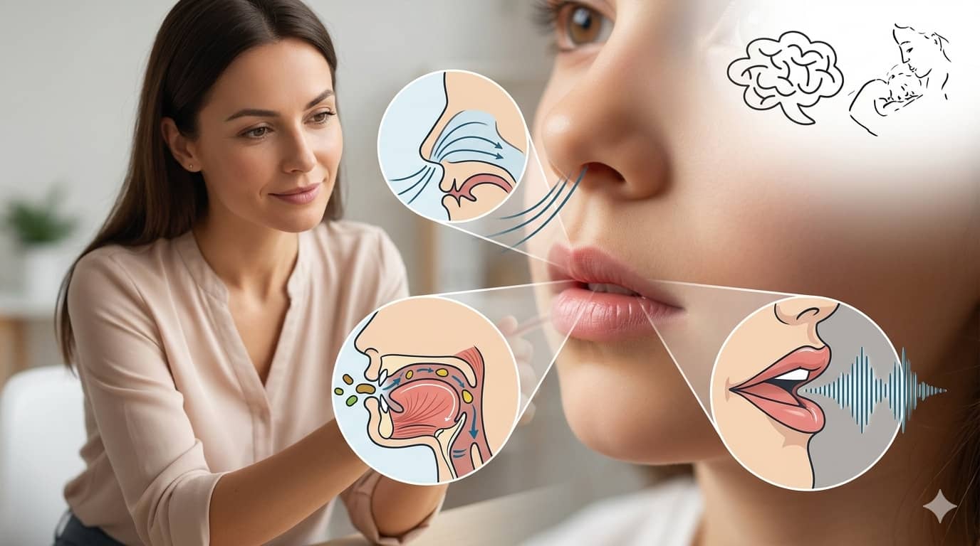 Sesión de terapia miofuncional orofacial con diagramas explicativos de la mejora en la respiración nasal, la deglución y la articulación del habla