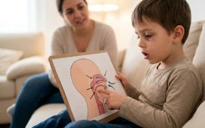 Un niño sentado en el sofá junto a su madre señala un diagrama médico del sistema respiratorio, mostrando cómo fluye el aire por la nariz y la boca tras una cirugía de adenoamigdalectomía y aprendiendo a saber respirar