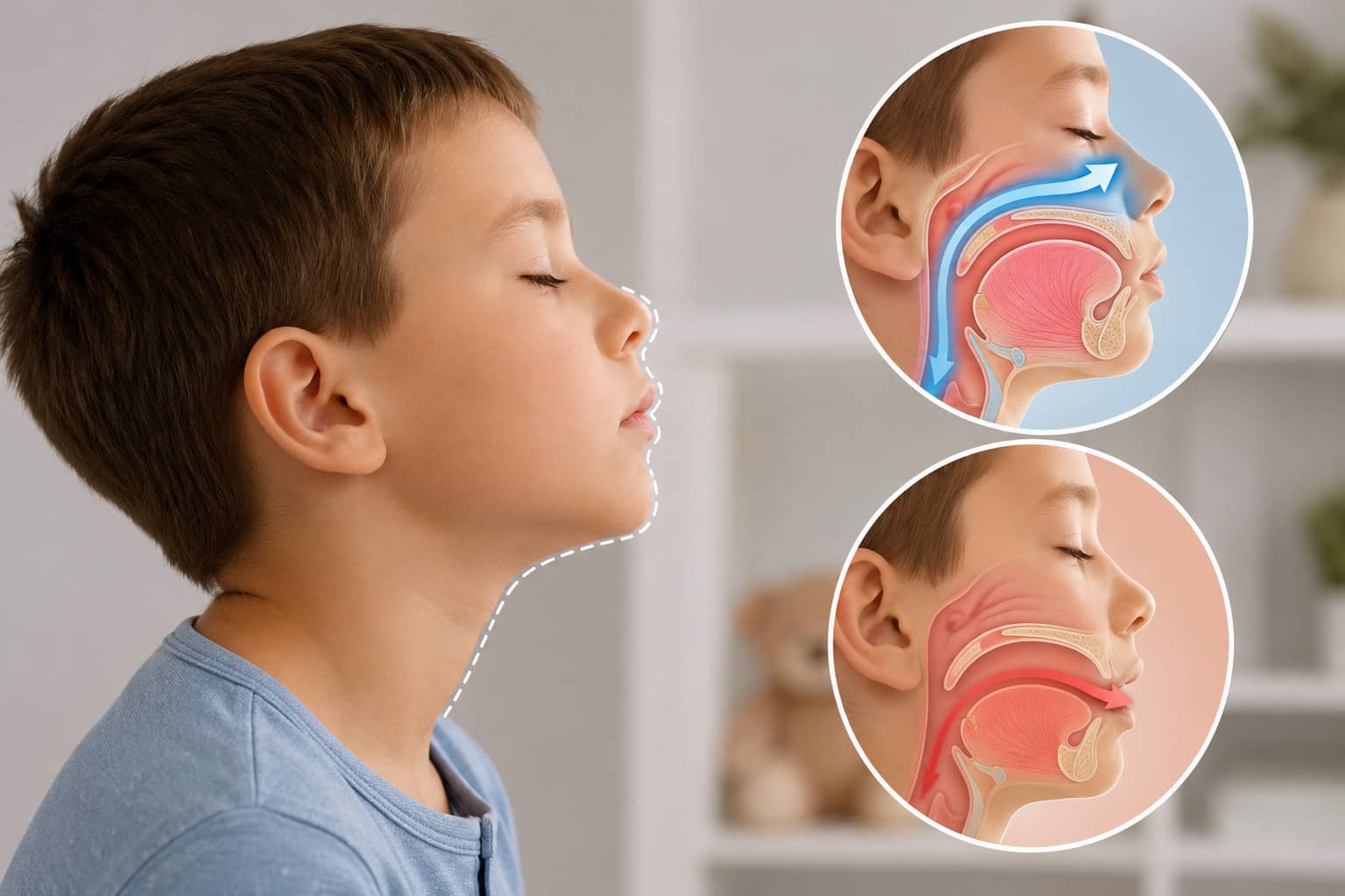 Niño realizando respiración nasal tras una adenoamigdalectomía con ilustración anatómica de la vía aérea y la posición de la lengua