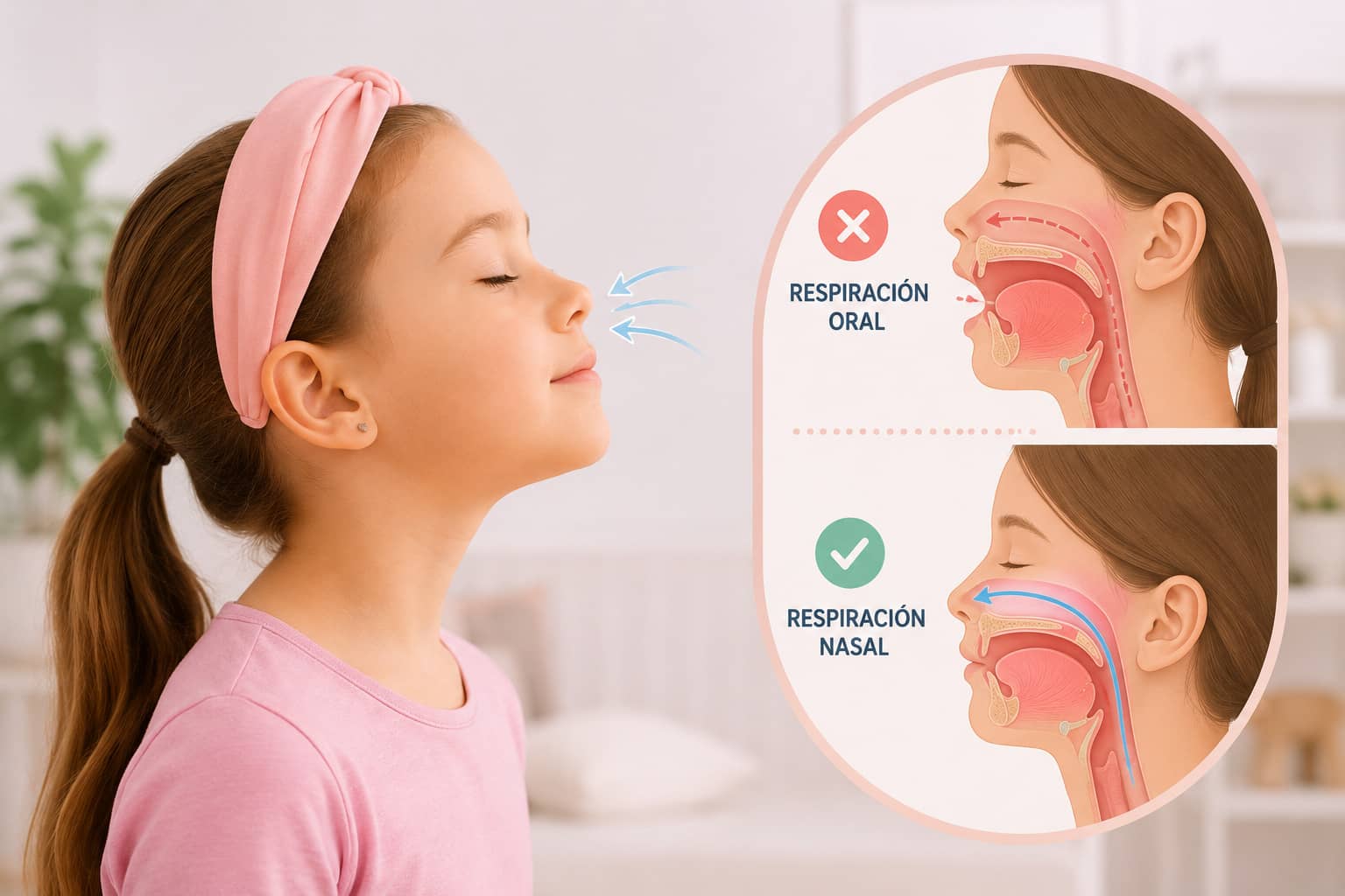 Niña respirando por la nariz tras una adenoamigdalectomía con ilustración comparativa de respiración nasal y respiración oral