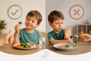 Niño aceptando alimentos saludables y otro rechazando la comida, ilustrando la diferencia entre una etapa normal de selectividad alimentaria y un posible problema alimentario.