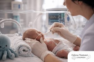 Logopeda especializada evaluando la alimentación de un bebé prematuro en la UCIN para el tratamiento de la disfagia neonatal.