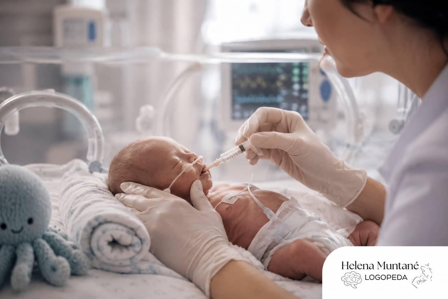 Logopeda especializada evaluando la alimentación de un bebé prematuro en la UCIN para el tratamiento de la disfagia neonatal.