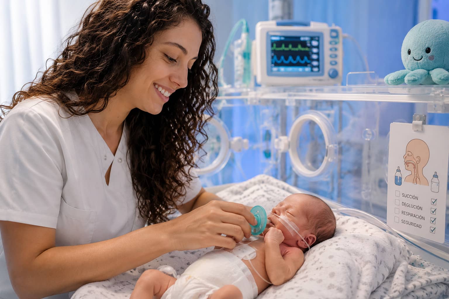 Logopeda especializada realizando terapia de alimentación y estimulación oral a un bebé prematuro con disfagia en la UCIN.