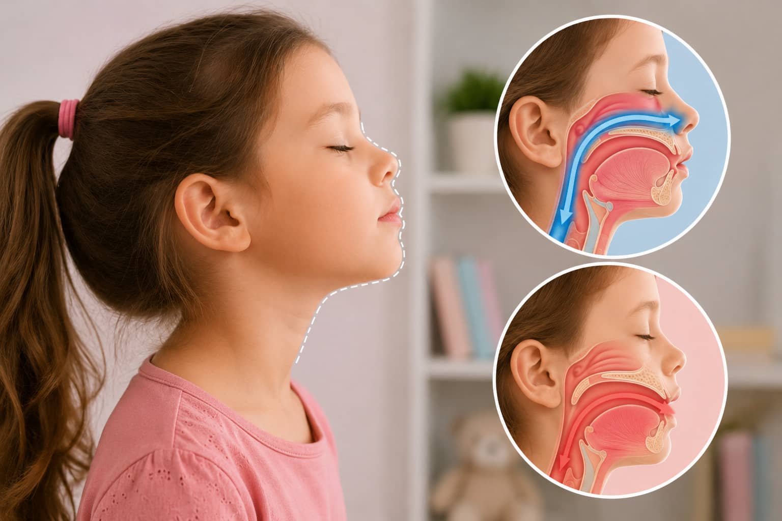 Niña respirando por la nariz con ilustración comparativa de la respiración nasal y la respiración bucal.