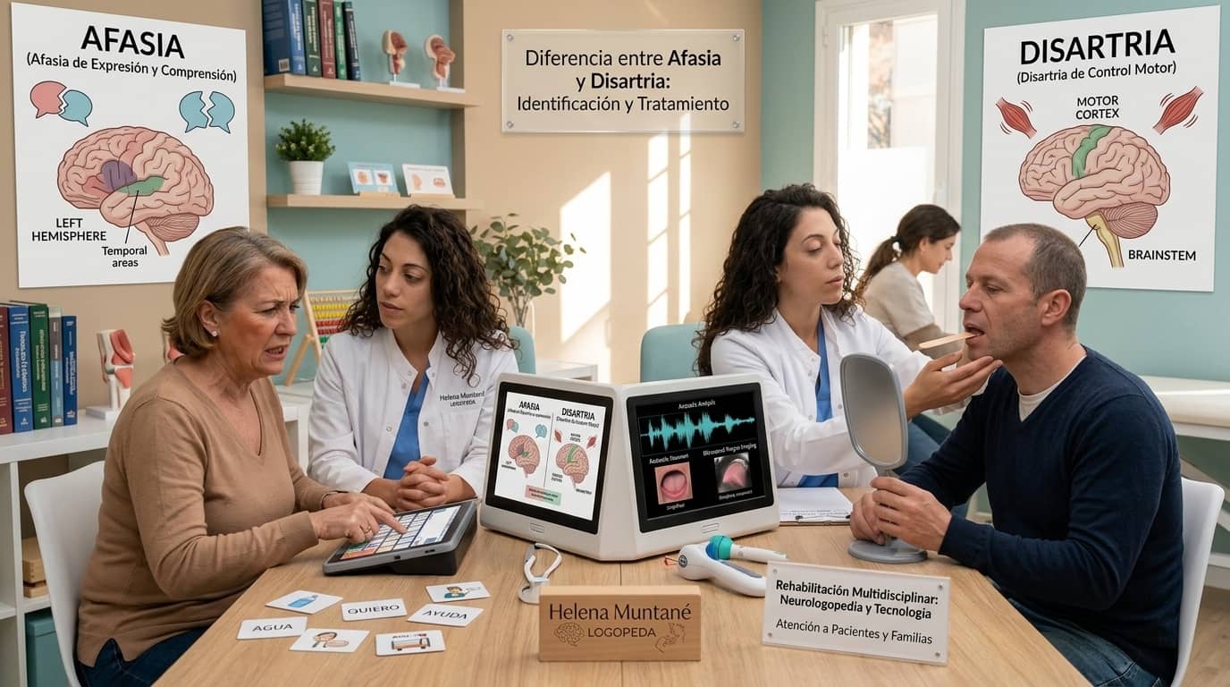 Infografía en un consultorio de neurologopedia que compara afasia y disartria. Muestra a la logopeda Helena Muntané trabajando con dos pacientes: una mujer con dificultades del lenguaje (afasia) y un hombre con problemas motores del habla (disartria), con diagramas cerebrales y herramientas tecnológicas.