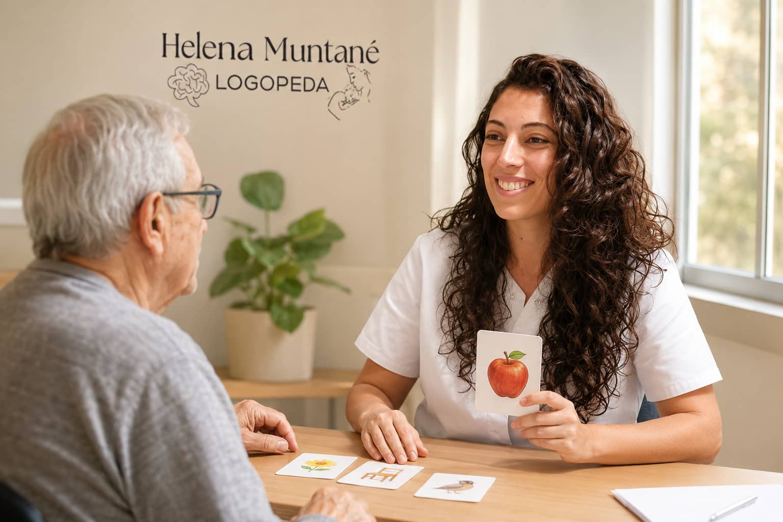 Sesión de logopedia con un paciente adulto mayor realizada por Helena Muntané, logopeda en Barcelona, utilizando tarjetas para ejercicios de lenguaje y comunicación.