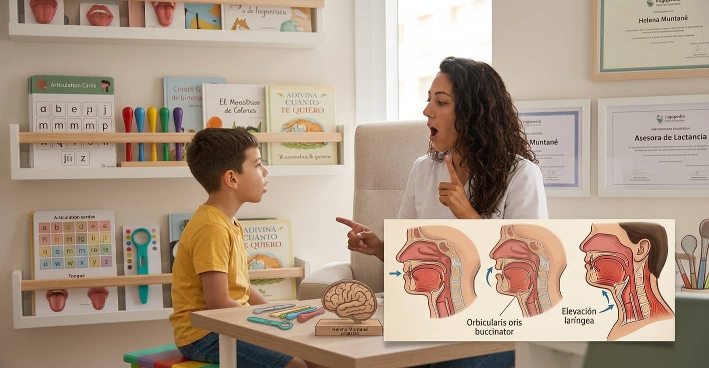 Logopeda Helena Muntané realiza una evaluación orofacial a un paciente adulto mayor en su consultorio. La imagen incluye un diagrama médico de los músculos faciales y el cuello, mostrando el orbicularis oris, buccinador y la elevación laríngea. Al fondo, estanterías con libros y material de terapia